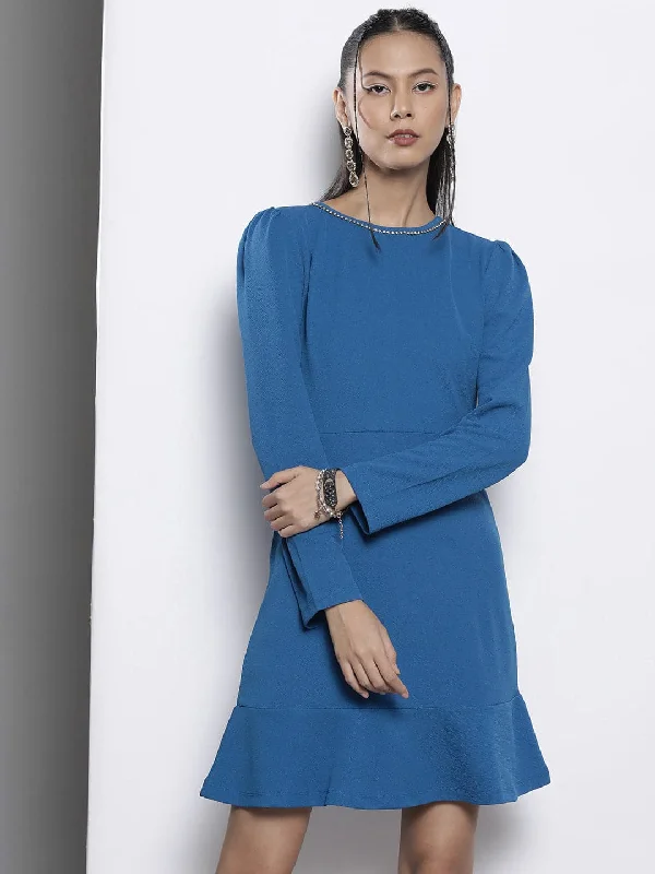 Women Blue Frill Hem Knit Dress