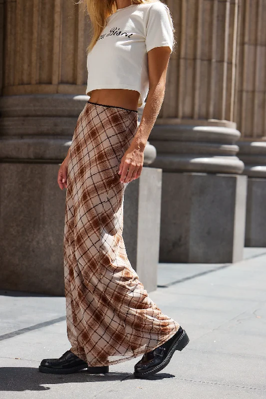 Julia Brown Plaid Mesh Maxi Skirt