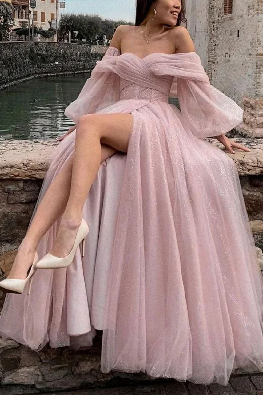 Party Dresses with Sheer Sleeve and Sequined Cuffs and Embroidered Bodice for Ladies' Elegant and Sparkly LookA-Line Off The Shoulder Light Pink Tulle Long Prom Dress Party Dresses with Sheer Sleeve and Sequined Cuffs and Embroidered Bodice for Ladies' Elegant and Sparkly LookA-Line Off The Shoulder Light Pink Tulle Long Prom Dress