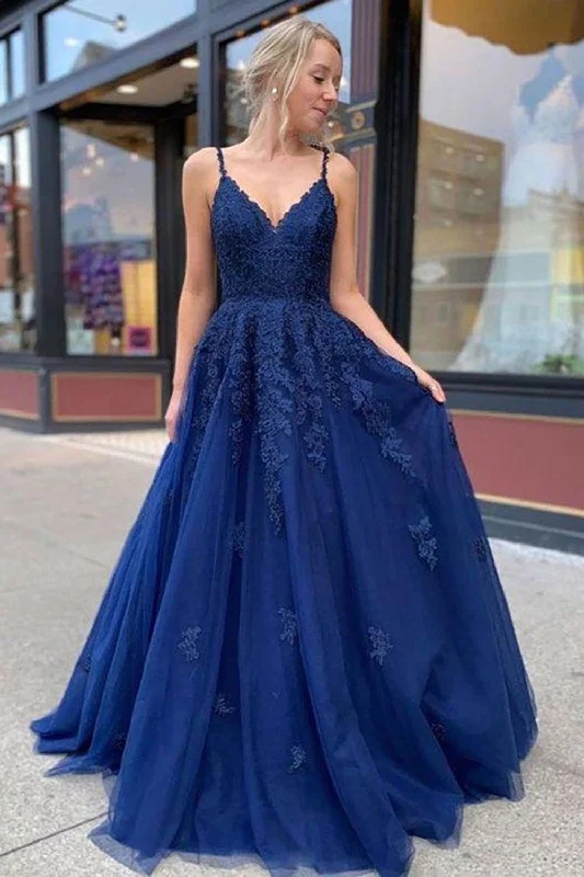 Party Dresses with High Low Sheer Skirt and Embroidered Birds for Ladies' Nature Inspired and Dramatic LookA-Line Spaghetti Straps Navy Long Prom Dress with Appliques Party Dresses with High Low Sheer Skirt and Embroidered Birds for Ladies' Nature Inspired and Dramatic LookA-Line Spaghetti Straps Navy Long Prom Dress with Appliques