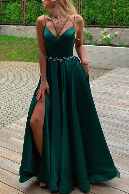 Party Dresses with Metallic Studs and Leather Trim for Ladies' Edgy and Rocker LookA-Line Spaghetti Straps Satin Dark Green Long Prom Dress with Slit Party Dresses with Metallic Studs and Leather Trim for Ladies' Edgy and Rocker LookA-Line Spaghetti Straps Satin Dark Green Long Prom Dress with Slit