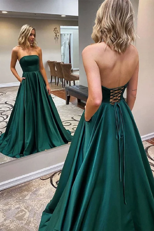Party Dresses with High Neck and Embroidered Back for Ladies' Modest and Intricate LookA-Line Strapless Satin Dark Green Long Prom Dress Party Dresses with High Neck and Embroidered Back for Ladies' Modest and Intricate LookA-Line Strapless Satin Dark Green Long Prom Dress
