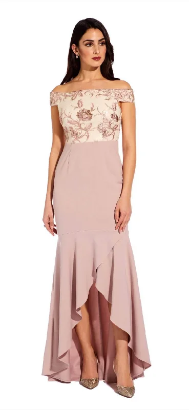 Party Dresses with Sequined Geometric Shapes and Lace and Chiffon Blend for Ladies' Modern and Feminine LookAdrianna Papell AP1E205308 Off Shoulder High Low FLoral Prom Dress Party Dresses with Sequined Geometric Shapes and Lace and Chiffon Blend for Ladies' Modern and Feminine LookAdrianna Papell AP1E205308 Off Shoulder High Low FLoral Prom Dress