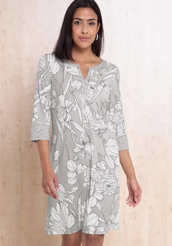 Vintage Inspired Party Dresses for Ladies' Retro Themed GatheringsBianca Danilo Floral Tunic Dress, Grey Vintage Inspired Party Dresses for Ladies' Retro Themed GatheringsBianca Danilo Floral Tunic Dress, Grey
