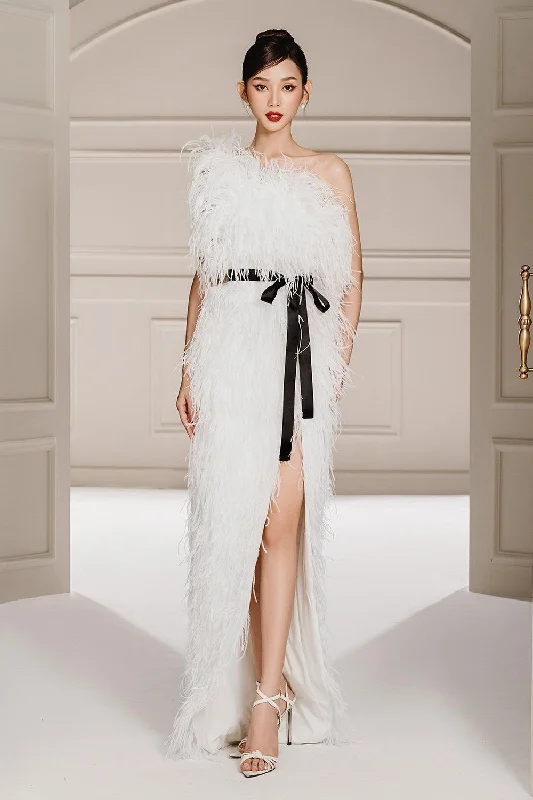Party Dresses with Metallic Sequined Bodice and Chiffon Skirt and Ruffled Hem for Ladies' Glamorous and Flirty LookDearie Slit Asymmetric Neck Feathers Floor Length Dress Party Dresses with Metallic Sequined Bodice and Chiffon Skirt and Ruffled Hem for Ladies' Glamorous and Flirty LookDearie Slit Asymmetric Neck Feathers Floor Length Dress