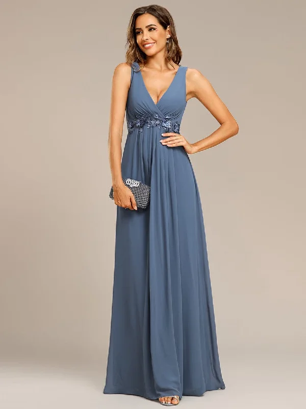 Party Dresses with Sheer Sleeve and Sequined Cuffs and Bow at the Waist and Embroidered Skirt for Ladies' Elegant and Intricate LookFloral Applique Sleeveless Chiffon Long Formal Evening Dress Party Dresses with Sheer Sleeve and Sequined Cuffs and Bow at the Waist and Embroidered Skirt for Ladies' Elegant and Intricate LookFloral Applique Sleeveless Chiffon Long Formal Evening Dress