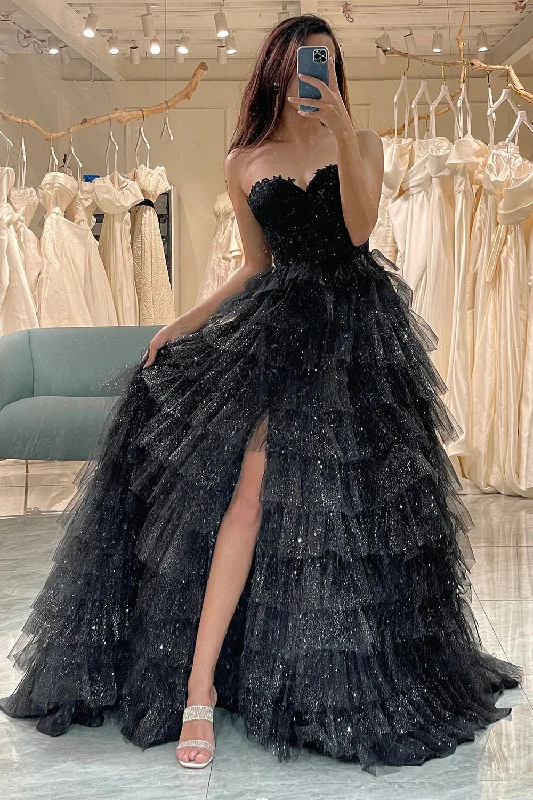 Sleeveless Chiffon Party Dresses with Slit for Ladies' Cocktail PartiesGlitter Black Long Corset Tiered Prom Dress With Slit Sleeveless Chiffon Party Dresses with Slit for Ladies' Cocktail PartiesGlitter Black Long Corset Tiered Prom Dress With Slit