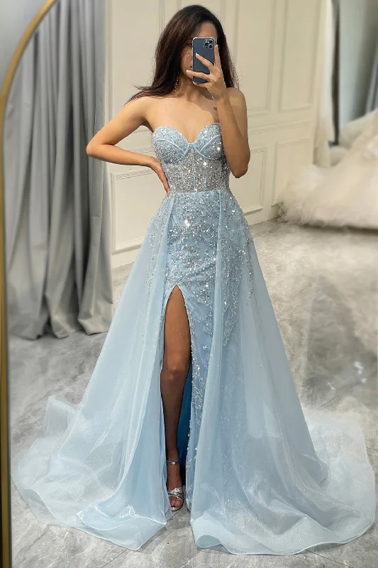 Embroidered Party Dresses with Metallic Thread for Ladies' Cultural FestivalsGlitter Light Blue Long Corset Prom Dress With Slit Embroidered Party Dresses with Metallic Thread for Ladies' Cultural FestivalsGlitter Light Blue Long Corset Prom Dress With Slit