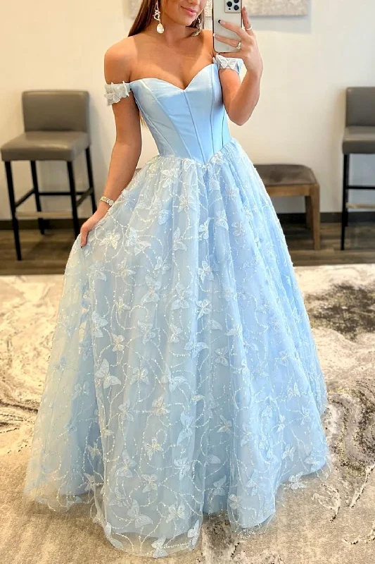 Party Dresses with Beaded Floral Wreath on the Bodice and High Low Hem for Ladies' Delicate and Dramatic LookLight Blue Lace Off the Shoulder Lace Long Prom Dress Party Dresses with Beaded Floral Wreath on the Bodice and High Low Hem for Ladies' Delicate and Dramatic LookLight Blue Lace Off the Shoulder Lace Long Prom Dress