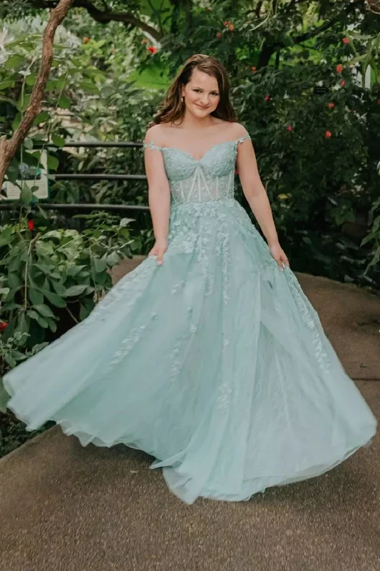 Party Dresses with Sequined Dots and Sheer Skirt for Ladies' Playful and Sultry LookLight Green Off the Shoulder Prom Dress with Appliques Party Dresses with Sequined Dots and Sheer Skirt for Ladies' Playful and Sultry LookLight Green Off the Shoulder Prom Dress with Appliques