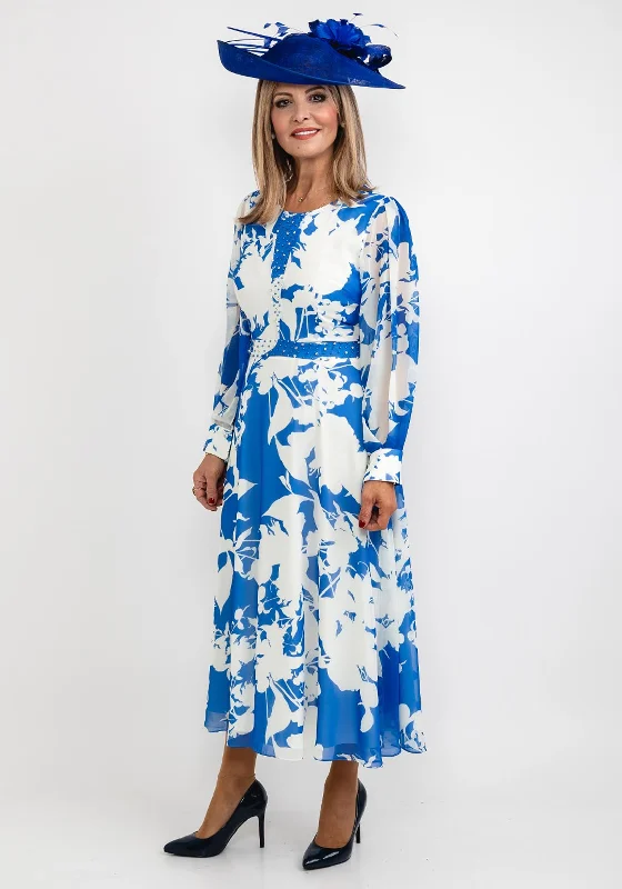 Party Dresses with Rhinestone Embellishments and Sheer Sleeves for Ladies' Luxurious and Alluring LookLizabella Floral Chiffon Maxi Dress, Blue & White