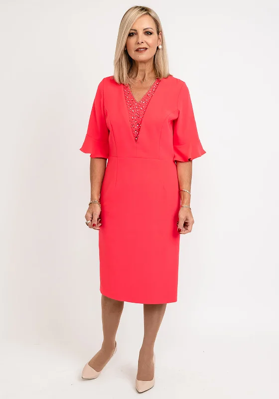 Party Dresses with Sheer Panels and Beaded Trim and Embroidered Paisley Patterns for Ladies' Sultry and Exotic LookLizabella Embellished V-Neck Pencil Dress, Coral Party Dresses with Sheer Panels and Beaded Trim and Embroidered Paisley Patterns for Ladies' Sultry and Exotic LookLizabella Embellished V-Neck Pencil Dress, Coral