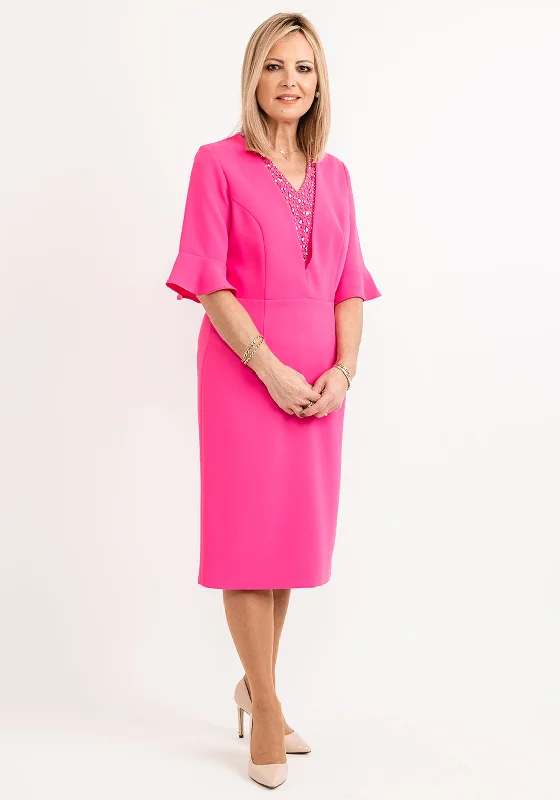 Party Dresses with Sequined Star Motifs and Sheer Sleeve for Ladies' Celestial and Elegant LookLizabella Embellished V-Neck Pencil Dress, Hot Pink Party Dresses with Sequined Star Motifs and Sheer Sleeve for Ladies' Celestial and Elegant LookLizabella Embellished V-Neck Pencil Dress, Hot Pink