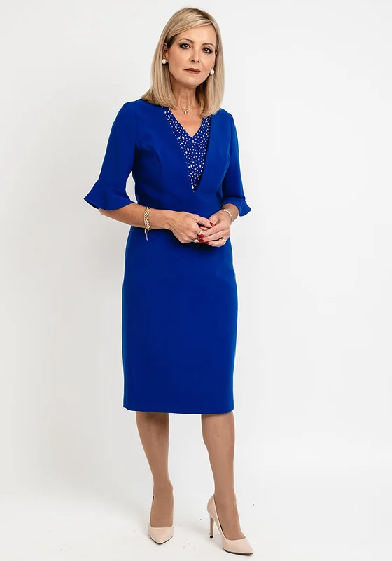 Party Dresses with Tassel Hem and Metallic Lace for Ladies' Boho and Luxurious LookLizabella Embellished V-Neck Pencil Dress, Royal Blue