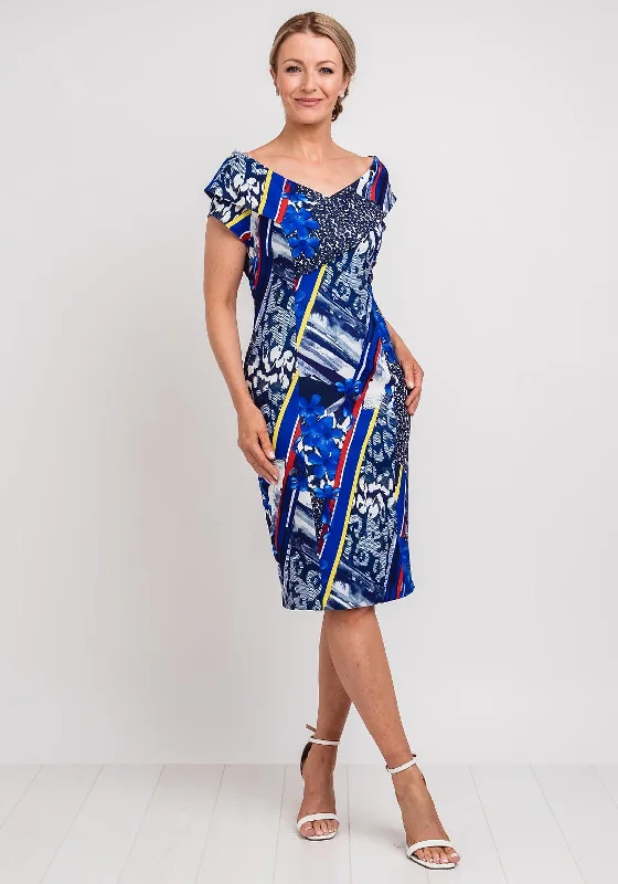 Party Dresses with Sequined Stripes and Sheer Back and Embroidered Birds for Ladies' Bold and Nature Inspired LookLizabella Multi Print Shawl Collar Dress, Blue Party Dresses with Sequined Stripes and Sheer Back and Embroidered Birds for Ladies' Bold and Nature Inspired LookLizabella Multi Print Shawl Collar Dress, Blue