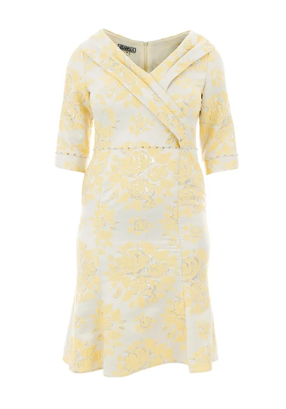 Empire Waist Party Dresses with Satin Sash for Ladies' Curvy Figure FlatteringLizabella Shawl Collar Jacquard Peplum Flare Dress, Yellow Multi Empire Waist Party Dresses with Satin Sash for Ladies' Curvy Figure FlatteringLizabella Shawl Collar Jacquard Peplum Flare Dress, Yellow Multi