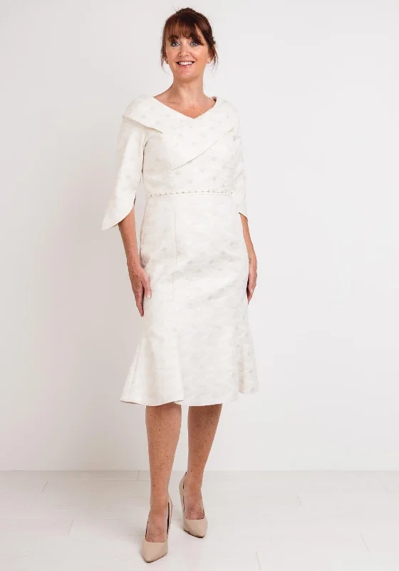 Party Dresses with Sheer Panels and Beaded Trim and Embroidered Paisley Patterns and Ruffled Hem for Ladies' Sultry and Exotic LookLizabella Shawl Collar Metallic Print Dress, Gold Party Dresses with Sheer Panels and Beaded Trim and Embroidered Paisley Patterns and Ruffled Hem for Ladies' Sultry and Exotic LookLizabella Shawl Collar Metallic Print Dress, Gold