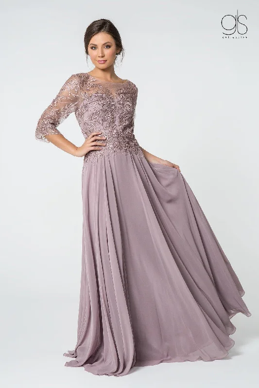 Party Dresses with Sheer Panels and Beaded Trim and Bow at the Back for Ladies' Sexy and Polished LookLong Formal Long Sleeve Mother of the Bride Dress Party Dresses with Sheer Panels and Beaded Trim and Bow at the Back for Ladies' Sexy and Polished LookLong Formal Long Sleeve Mother of the Bride Dress
