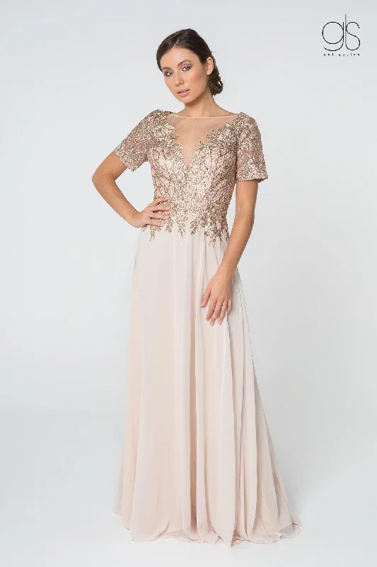 Party Dresses with High Neck and Embroidered Back for Ladies' Modest and Intricate LookLong Formal Mother of the Bride Metallic Lace Chiffon Dress Party Dresses with High Neck and Embroidered Back for Ladies' Modest and Intricate LookLong Formal Mother of the Bride Metallic Lace Chiffon Dress