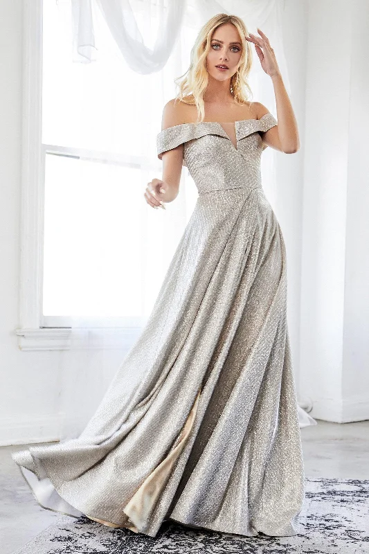 Party Dresses with Rhinestone Embellishments and Sheer Sleeves for Ladies' Luxurious and Alluring LookCinderella Divine CD162 Long Formal Off Shoulder Metallic Prom Dress Party Dresses with Rhinestone Embellishments and Sheer Sleeves for Ladies' Luxurious and Alluring LookCinderella Divine CD162 Long Formal Off Shoulder Metallic Prom Dress