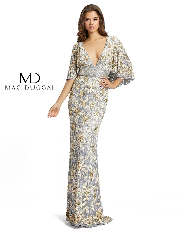 Party Dresses with Embroidered Tribal Patterns and Satin Sash and Beaded Waistband for Ladies' Cultural and Glamorous LookMac Duggal Long Formal Cape Sleeve Evening Dress Party Dresses with Embroidered Tribal Patterns and Satin Sash and Beaded Waistband for Ladies' Cultural and Glamorous LookMac Duggal Long Formal Cape Sleeve Evening Dress