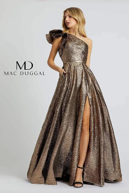 Party Dresses with Sequined Hearts and Ruffled Hem and Satin and Lace Combo and Bow at the Waist for Ladies' Romantic and Sweet LookMac Duggal Long One Shoulder Metallic Prom Ball Gown Party Dresses with Sequined Hearts and Ruffled Hem and Satin and Lace Combo and Bow at the Waist for Ladies' Romantic and Sweet LookMac Duggal Long One Shoulder Metallic Prom Ball Gown