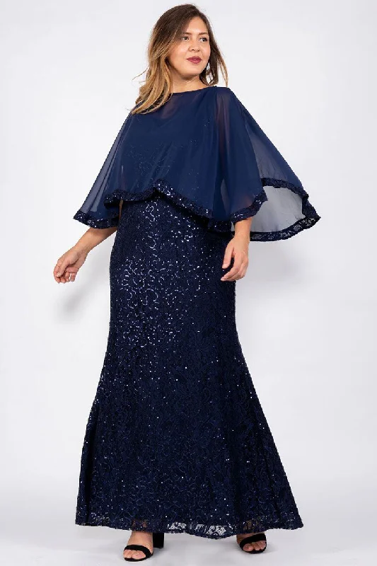 Party Dresses with Lace Insertions on the Skirt and Beaded Waistband and Ruffled Hem for Ladies' Feminine and Flirty LookMarina Long Plus Size Lace Formal Cape Dress Navy Party Dresses with Lace Insertions on the Skirt and Beaded Waistband and Ruffled Hem for Ladies' Feminine and Flirty LookMarina Long Plus Size Lace Formal Cape Dress Navy