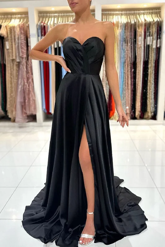 Party Dresses with Embroidered Tribal Patterns and Satin Sash for Ladies' Cultural and Stylish LookMermaid Sweetheart Satin Black Long Prom Dress with Slit Party Dresses with Embroidered Tribal Patterns and Satin Sash for Ladies' Cultural and Stylish LookMermaid Sweetheart Satin Black Long Prom Dress with Slit