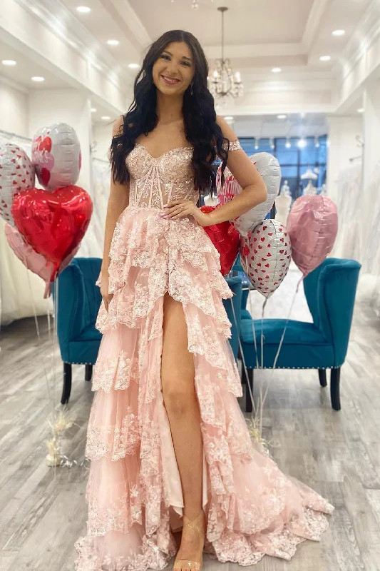 Party Dresses with Metallic Sequined Bodice and Chiffon Skirt and Ruffled Hem for Ladies' Glamorous and Flirty LookPink Off The Shoulder Tiered Prom Dress Party Dresses with Metallic Sequined Bodice and Chiffon Skirt and Ruffled Hem for Ladies' Glamorous and Flirty LookPink Off The Shoulder Tiered Prom Dress