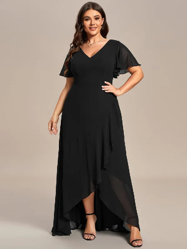 Party Dresses with Tassel Hem and Metallic Lace for Ladies' Boho and Luxurious LookPlus Size Elegant Lotus Sleeves Chiffon Bridesmaid Dress Party Dresses with Tassel Hem and Metallic Lace for Ladies' Boho and Luxurious LookPlus Size Elegant Lotus Sleeves Chiffon Bridesmaid Dress