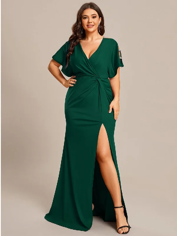 Party Dresses with Sequined Dots and Sheer Skirt for Ladies' Playful and Sultry LookPlus Size Sequin Sleeve High Slit Evening Dress with Pleated Party Dresses with Sequined Dots and Sheer Skirt for Ladies' Playful and Sultry LookPlus Size Sequin Sleeve High Slit Evening Dress with Pleated