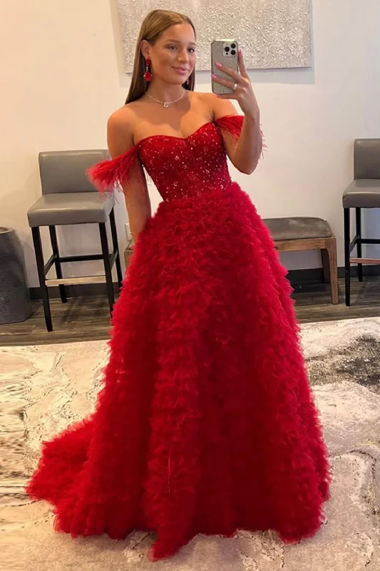 Puff Sleeve Party Dresses with Bell Bottom for Ladies' 80s Style PartyRed Off the Shoulder A-Line Princess Prom Dress Puff Sleeve Party Dresses with Bell Bottom for Ladies' 80s Style PartyRed Off the Shoulder A-Line Princess Prom Dress