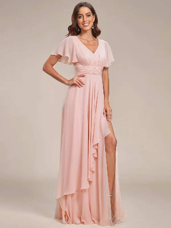 One Shoulder Party Dresses with Lace Overlay for Ladies' Sophisticated AppealRuffles Sleeve High Slit with Louts Leaf Chiffon Evening Dress One Shoulder Party Dresses with Lace Overlay for Ladies' Sophisticated AppealRuffles Sleeve High Slit with Louts Leaf Chiffon Evening Dress