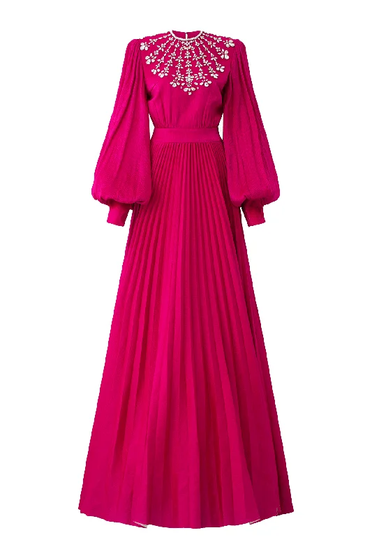 Party Dresses with Embroidered Floral Patterns and Tassel Hem for Ladies' Bohemian and Feminine LookScarlet Pleated Bishop Sleeved Silk Maxi Dress Party Dresses with Embroidered Floral Patterns and Tassel Hem for Ladies' Bohemian and Feminine LookScarlet Pleated Bishop Sleeved Silk Maxi Dress