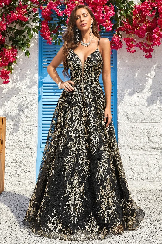 Metallic Party Dresses with Sequined Straps for Ladies' New Year's Eve PartiesSpaghetti Straps Sparkly Black Golden Ball Gown Dress with Bronzing Metallic Party Dresses with Sequined Straps for Ladies' New Year's Eve PartiesSpaghetti Straps Sparkly Black Golden Ball Gown Dress with Bronzing
