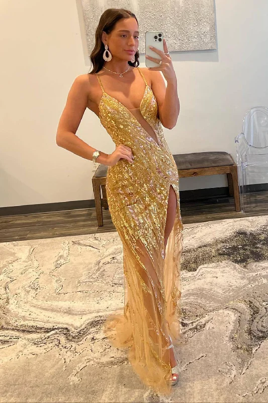 Printed Party Dresses with Abstract Patterns for Ladies' Modern Fashion SenseSpaghetti Straps Sparkly Golden Sequins Long Prom Dress with Slit Printed Party Dresses with Abstract Patterns for Ladies' Modern Fashion SenseSpaghetti Straps Sparkly Golden Sequins Long Prom Dress with Slit