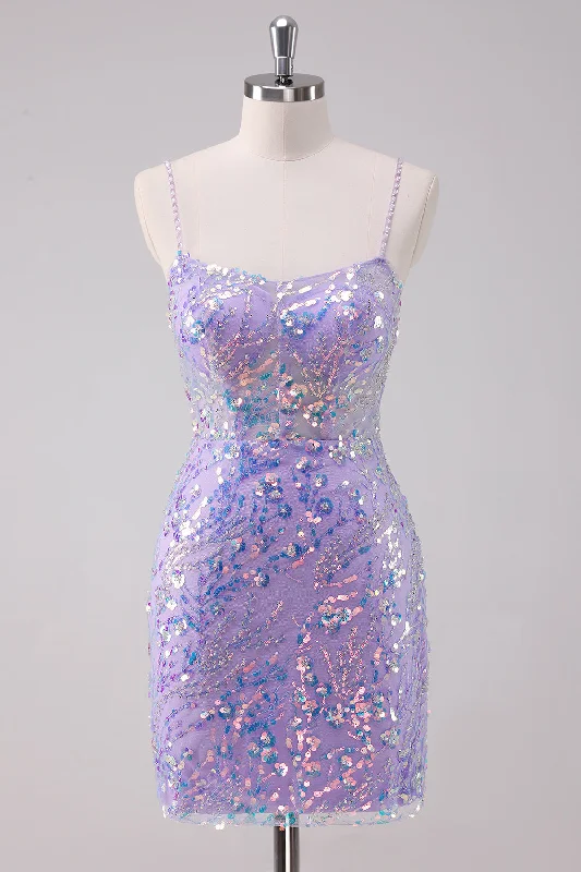 Party Dresses with Sequined Hearts and Ruffled Hem and Satin and Lace Combo and Bow at the Waist for Ladies' Romantic and Sweet LookSparkly Purple Bodycon Spaghetti Straps Sequins Short Graduation Dress