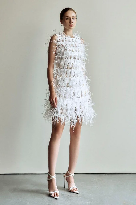Mesh Paneled Party Dresses with Beaded Appliques for Ladies' Modern EdgeTinker A-line Sleeveless Feathers Mini Dress Mesh Paneled Party Dresses with Beaded Appliques for Ladies' Modern EdgeTinker A-line Sleeveless Feathers Mini Dress