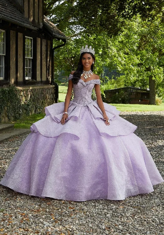 Party Dresses with Sequined Floral Motifs and Satin Ribbon Detailing for Ladies' Elegant and Delicate LookVizcaya by Morilee Glitter Net Quince Dress 89447