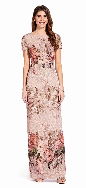 Party Dresses with Metallic Studs and Leather Trim for Ladies' Edgy and Rocker LookAdrianna Papell AP1E204795 Short Sleeve Floral Evening Dress Formal Party Dresses with Metallic Studs and Leather Trim for Ladies' Edgy and Rocker LookAdrianna Papell AP1E204795 Short Sleeve Floral Evening Dress Formal