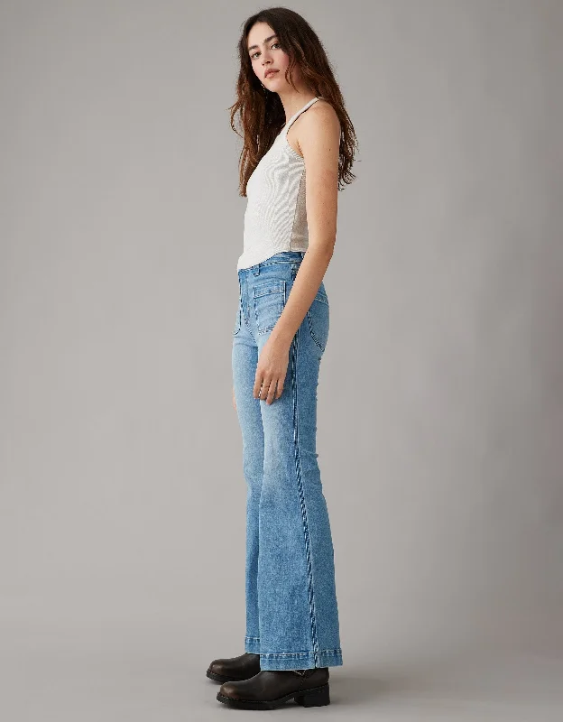 Recycled denim jeans made from repurposed materials for an environmentally conscious optionAE Next Level Festival Flare Jean