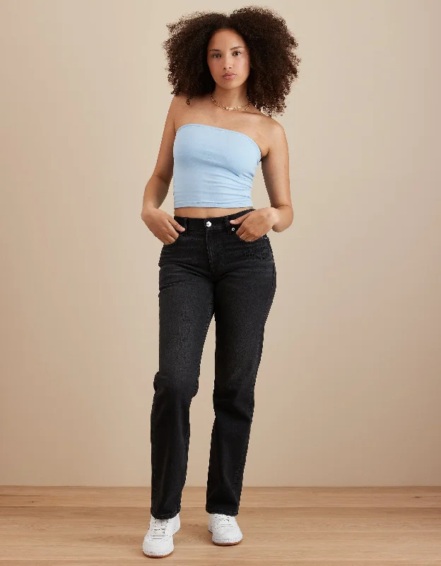 Back - pocket - embroidered denim jeans with intricate designs for a decorative detailAE Stretch Curvy Straight Jean
