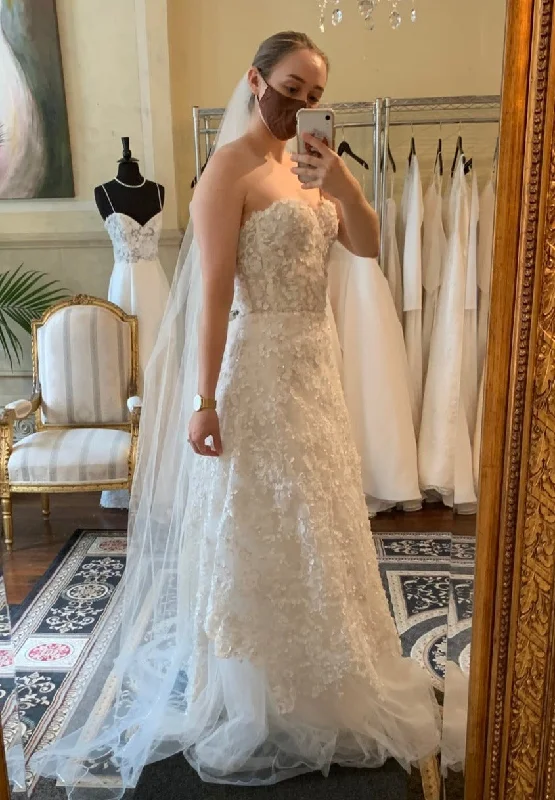 Wedding Dresses with Sequined Hearts and Satin and Lace Combination and Bow at the Waist for a Valentine's Day Wedding RomanceAnais Anette Strapless Sweetheart gown with Sparkly 3D Flowers Wedding Dresses with Sequined Hearts and Satin and Lace Combination and Bow at the Waist for a Valentine's Day Wedding RomanceAnais Anette Strapless Sweetheart gown with Sparkly 3D Flowers