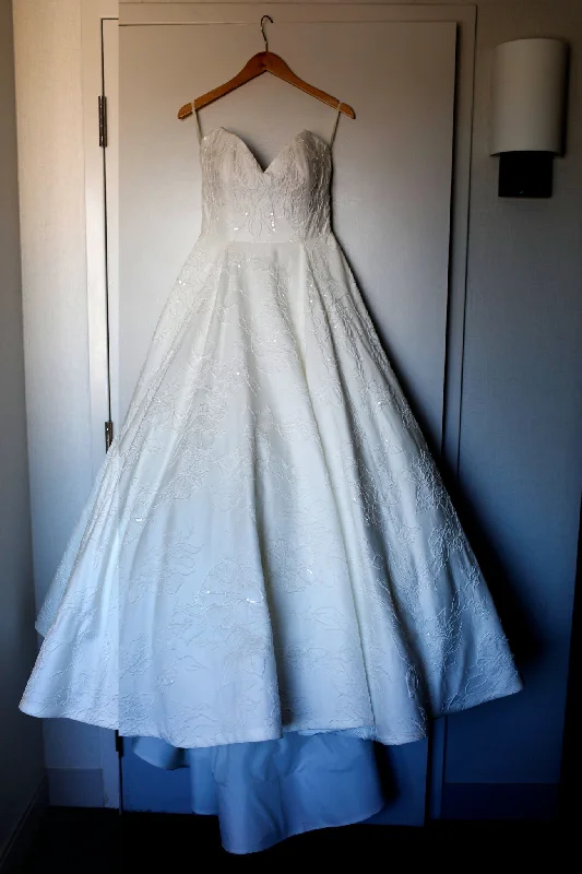 Wedding Dresses with Sequined Stripes and Sheer Back and Embroidered Birds and Belt and Embroidered Floral Patterns for a Bold and Nature Inspired LookAnne Barge Custom Dream Weaver and Romero Wedding Dresses with Sequined Stripes and Sheer Back and Embroidered Birds and Belt and Embroidered Floral Patterns for a Bold and Nature Inspired LookAnne Barge Custom Dream Weaver and Romero