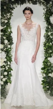 Wedding Dresses with Beaded Floral Wreath on the Bodice and High Low Hem and Belt for a Delicate and Dramatic LookAnne Barge Hampton Wedding Dresses with Beaded Floral Wreath on the Bodice and High Low Hem and Belt for a Delicate and Dramatic LookAnne Barge Hampton