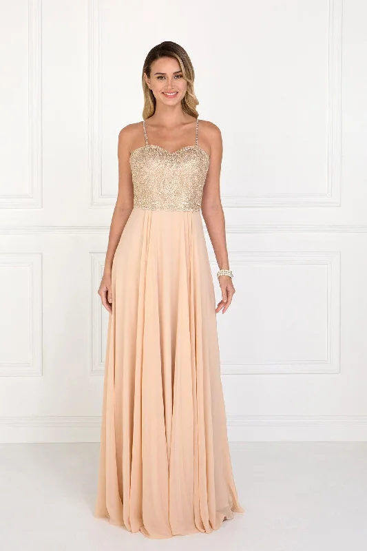 Party Dresses with Sheer Sleeve and Sequined Cuffs and Embroidered Bodice for Ladies' Elegant and Sparkly LookLong Formal Chiffon Spaghetti Strap Prom Dress