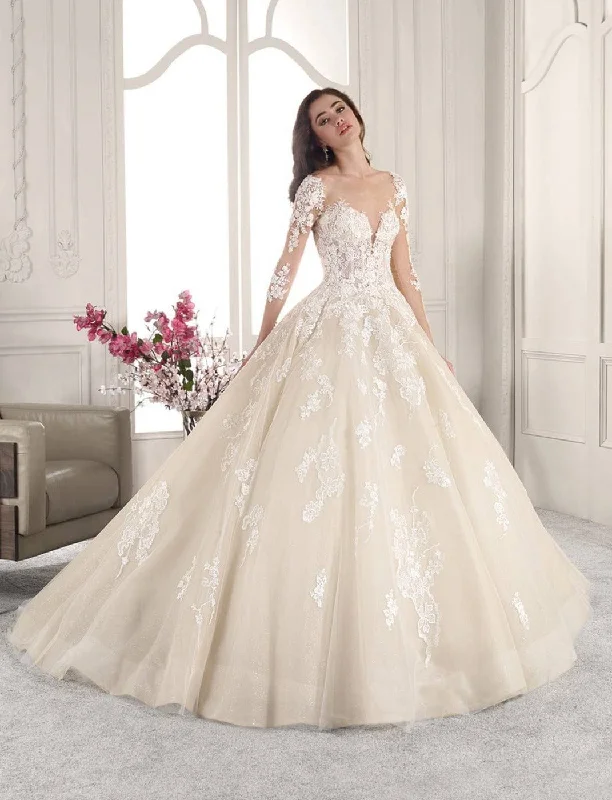 Wedding Dresses with Metallic Sequined Bodice and Chiffon Skirt and Ruffled Hem and Sheer Back for a Glamorous and Flirty LookDemetrios 843 - Size 16