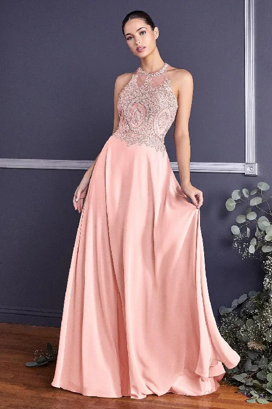 Party Dresses with Rhinestone Embellishments and Sheer Sleeves for Ladies' Luxurious and Alluring LookCinderella Divine UJ0120 Open Back Chiffon Formal Halter Prom Gown Party Dresses with Rhinestone Embellishments and Sheer Sleeves for Ladies' Luxurious and Alluring LookCinderella Divine UJ0120 Open Back Chiffon Formal Halter Prom Gown