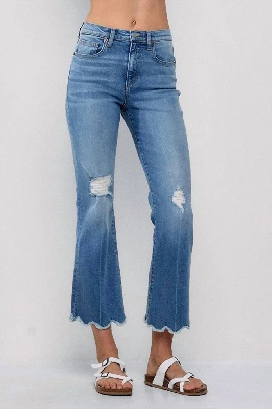 Denim jeans for a maximalist style with lots of layers and embellishmentsHigh Rise Comfort Stretch Cropped Flare Jeans In Medium Light