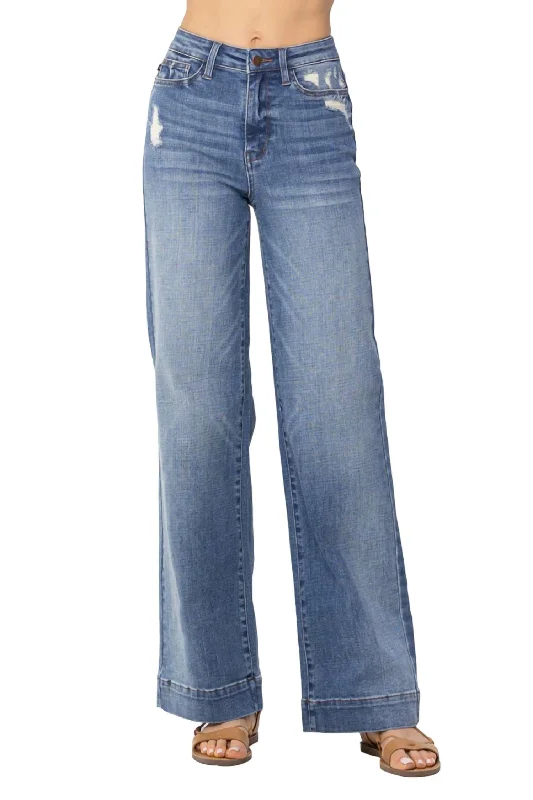 Denim jeans for a family gathering in a casual settingHigh Waist Mild Destroy Wide Leg Trouser Jean In Medium Wash